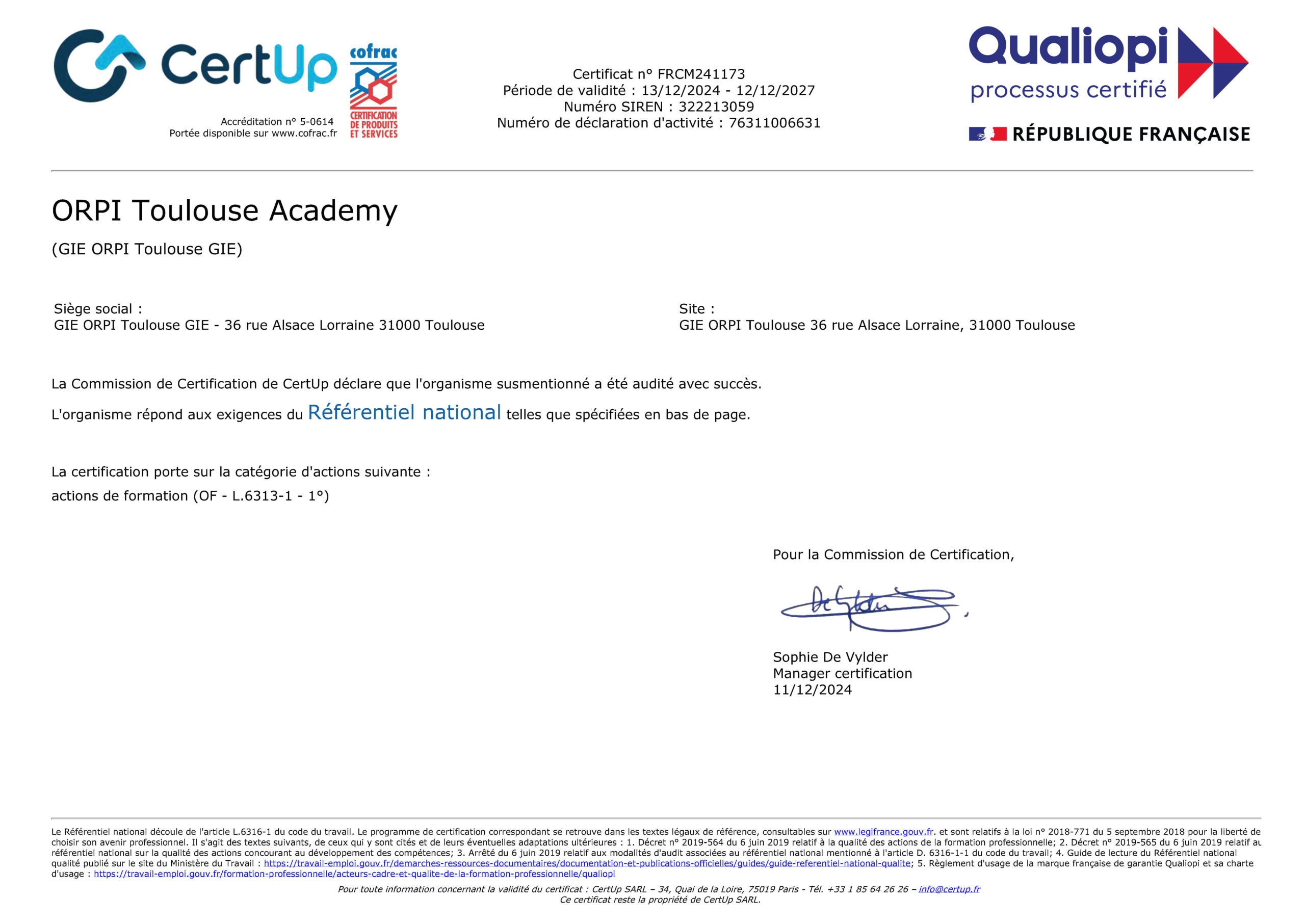 Certificat Qualiopi - GIE ORPI TOULOUSE ACADEMY
